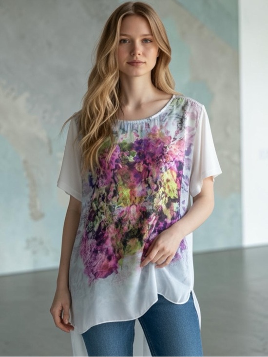 Calvin Klein Jeans Tops - Calvin Klein Abstract Watercolor Blue Multi High-Low Blouse S